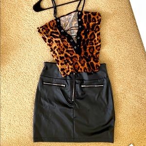 Bodysuit & leather skirt